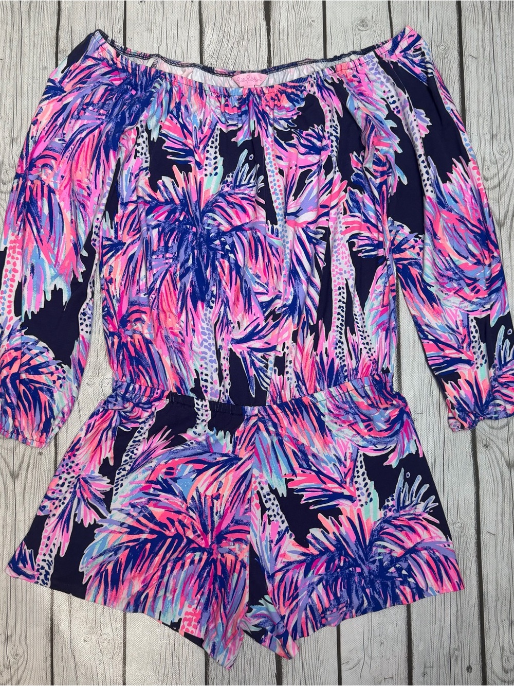 Lilly Pulitzer Women's S Lana Shorts Romper Palms Up Navy Off Shoulder
